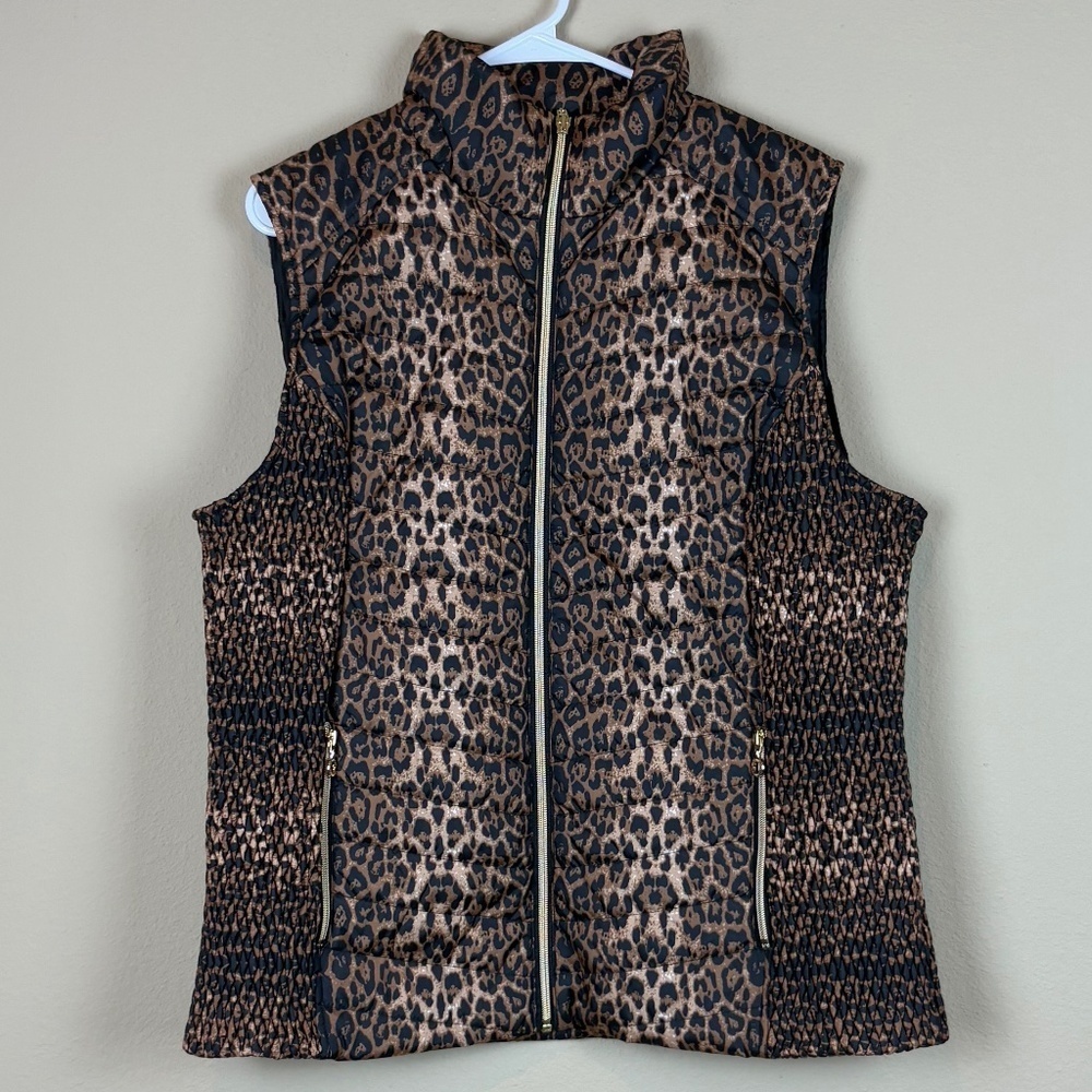 Marc New York Black/Brown/Tan Animal Leopard Print Zipper Front Quilted Vest